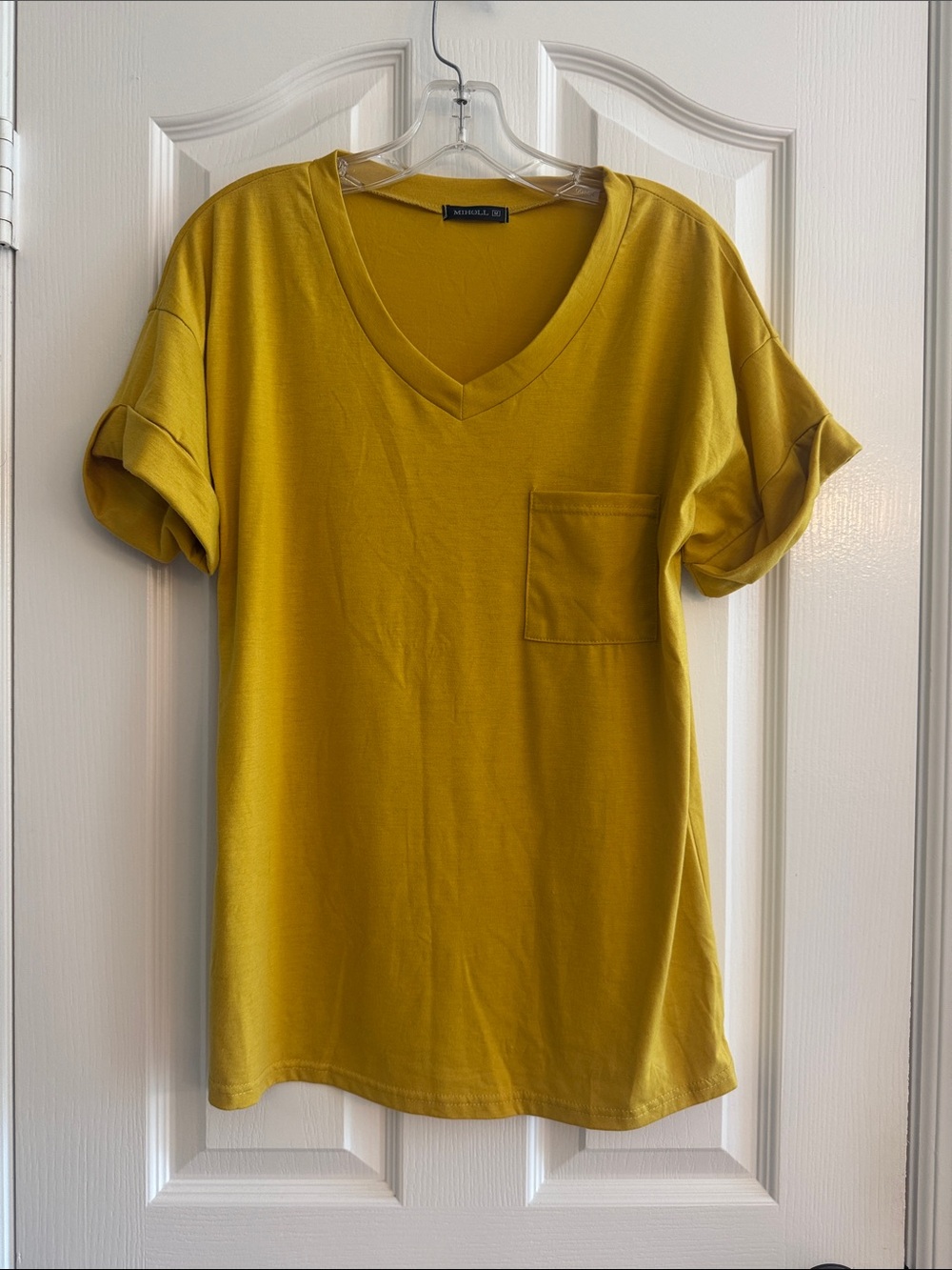 Relaxed V-Neck Tee with Chest Pocket - Mustard Yellow